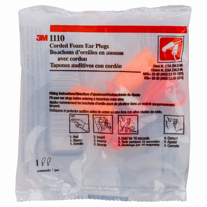 3M 1110 Corded Earplugs, Poly Bag 100 Pairs/Case -1110 - Front View