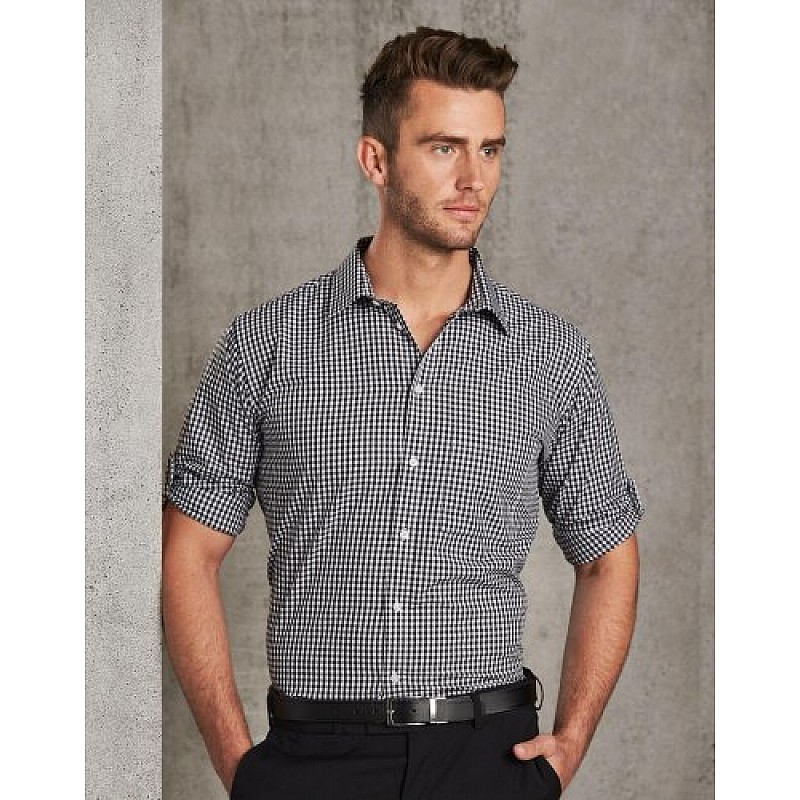 Men’s Gingham Check Long Sleeve Shirt With Roll-Up Tab Sleeve M7300L