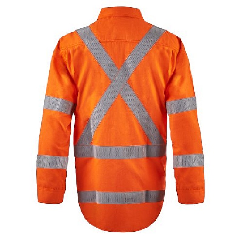 HI VIS CLOSE FRONT SHIRT WITH X-PATTERN FR REFLECTIVE TAPE