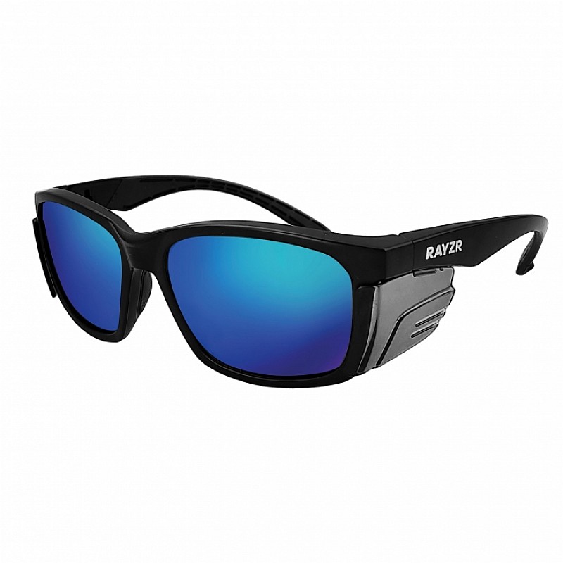 Rayzr Safety Glasses Matte Black Frame Blue Mirror Polarised in [colour] - Front View