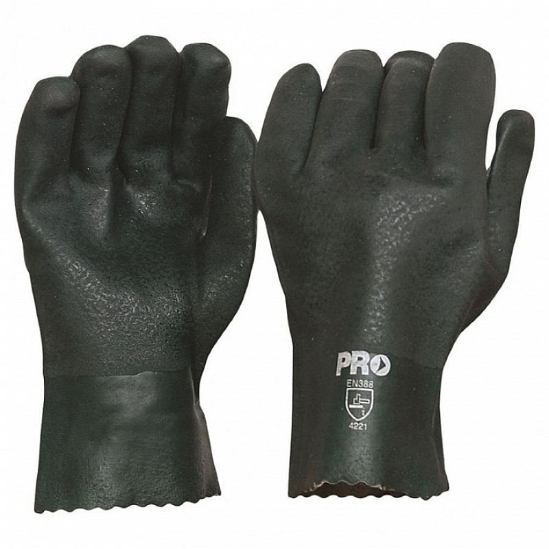 Chemical Resistant Green Double Dipped PVC 27cm Gloves in Green - Front View