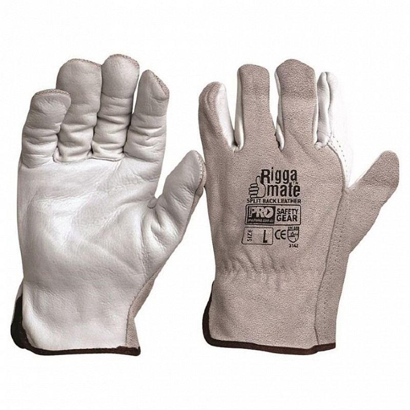 Riggamate Natural Cowgrain Leather Palm Split Back Glove in Grey - Front View