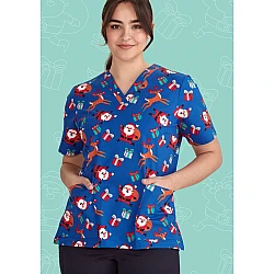 Womens Christmas V-Neck Short Sleeve Scrub Top