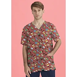 Unisex V-Neck Printed Scrub Top